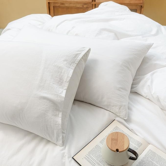 FOSSA Duvet Cover Set 100% Washed Cotton Linen Feel Super Soft Breathable Cozy 3 Pieces Bedding Sets Solid Off White Oversized King
