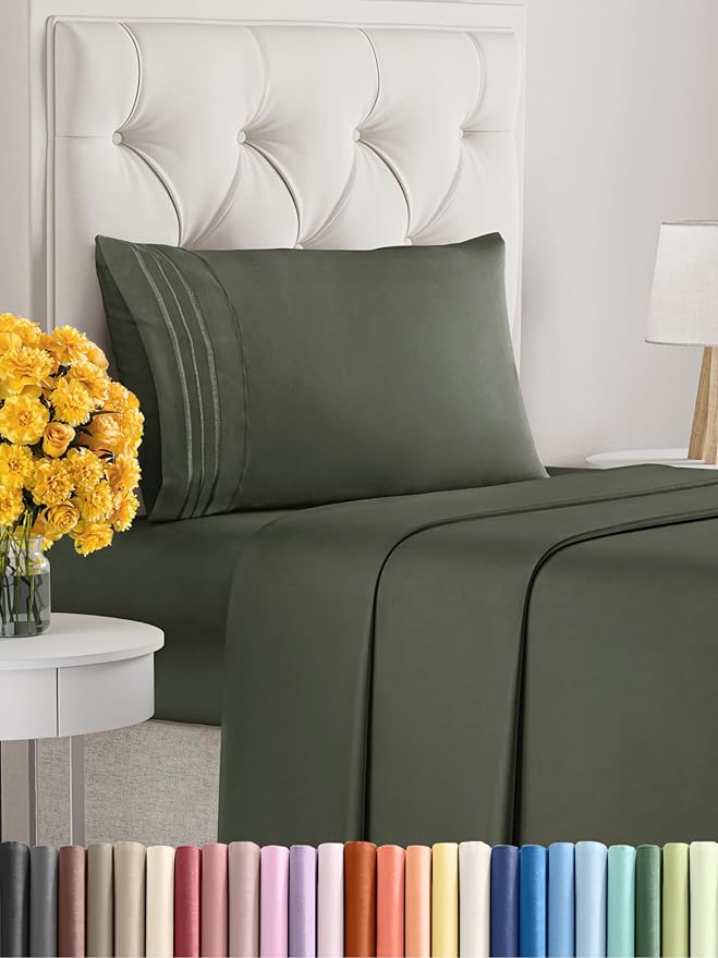 Twin Size 3 Piece Sheet Set - Extra Soft, Breathable & Cooling - Hotel Luxury Durable Bed Sheets for Women & Men - Deep Pockets, Easy-Fit & Wrinkle-Free - Dark Olive Grey Oeko-Tex