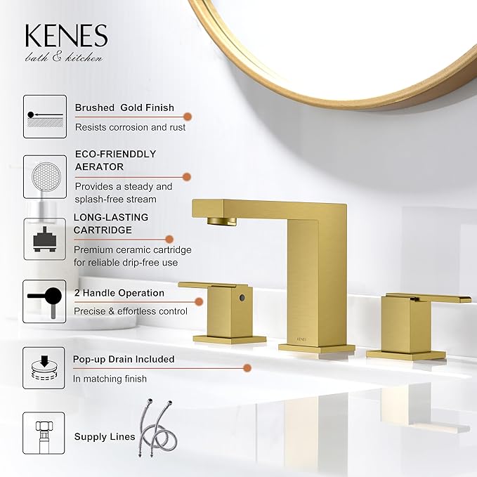 KENES Brushed Gold Widespread Bathroom Faucet 3 Hole Bathroom Sink Faucet Gold Two Handle, 8-Inch 3 Pieces Bathroom Vanity Faucet with Pop Up Drain & Supply Lines, KE-9050-4-P