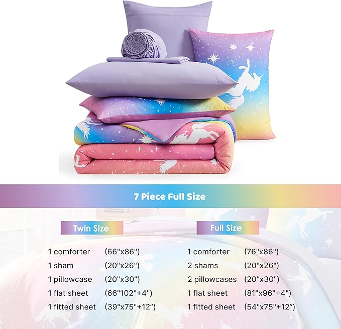 Full Size Comforter Set for Girls-7 Pieces Rainbow Unicorn Full Bedding Sets for Kids, Ultra Soft Bed in A Bag with Sheets