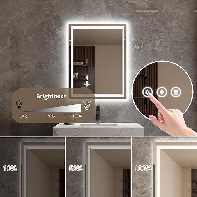 Bathroom Mirror with Lights 20"X28" with Front Light and Backlit, Tempered Glass, Wall Mount Horizontal/Vertical, Stepless Dimmable, 3 Colors, Anti Fog, Bathroom Memory LED Mirror