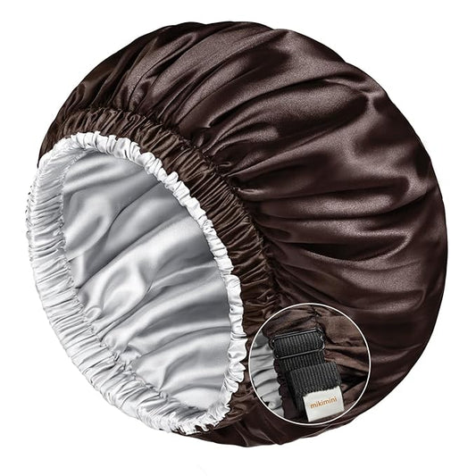 mikimini Satin Bonnet for Men and Women, Reversible Double Layer Sleeping Bonnet for Hair Braids with Anti-slip Adjustable Elastic Band Super Soft (XL, Black/silver)