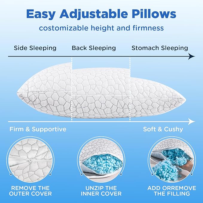 Side Sleeper Pillow for Neck and Shoulder Pain Relief, Cervical Neck Support Pillow for Side Sleepers, Cooling Shredded Memory Foam Pillows for Hot Back Sleepers, Adjustable Curved Queen Bed Pillows