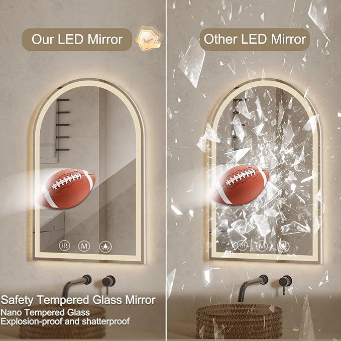 LED Bathroom Mirrors with Lights 30"x48" Arched Mirror for Wall,Led Vanity Mirror, Anti-Fog,LED Mirrors with Front Light and Backlit, Anti-Fog, Dimmable, 3 Color, Shatterproof, Touch Sensor
