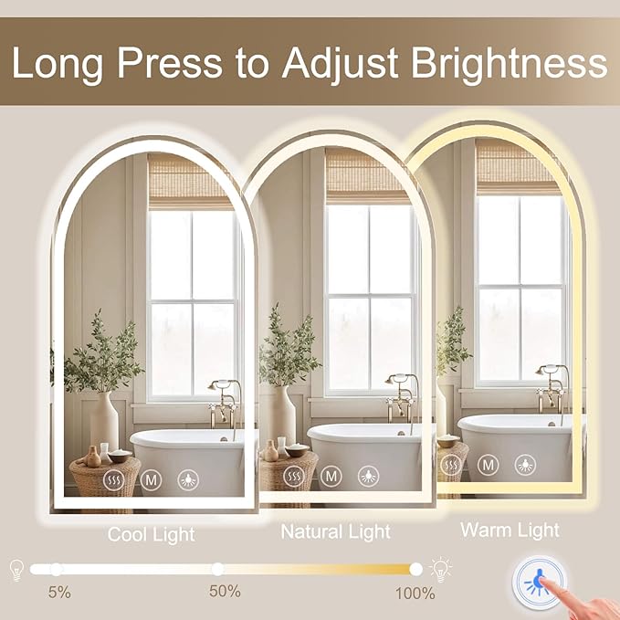 LED Bathroom Mirrors with Lights 24"x36" Arched Mirror for Wall,Led Vanity Mirror, Anti-Fog,LED Mirrors with Front Light and Backlit, Anti-Fog, Dimmable, 3 Color, Shatterproof, Touch Sensor