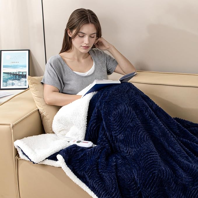 Heated Blanket Full Size - 72"x84" Cozy Soft Jacquard Heating Blanket with 4 Heat Levels & 10 Hours Auto-Off, Jacquard Fleece, Overheating Protection, Warm Gifts, Navy