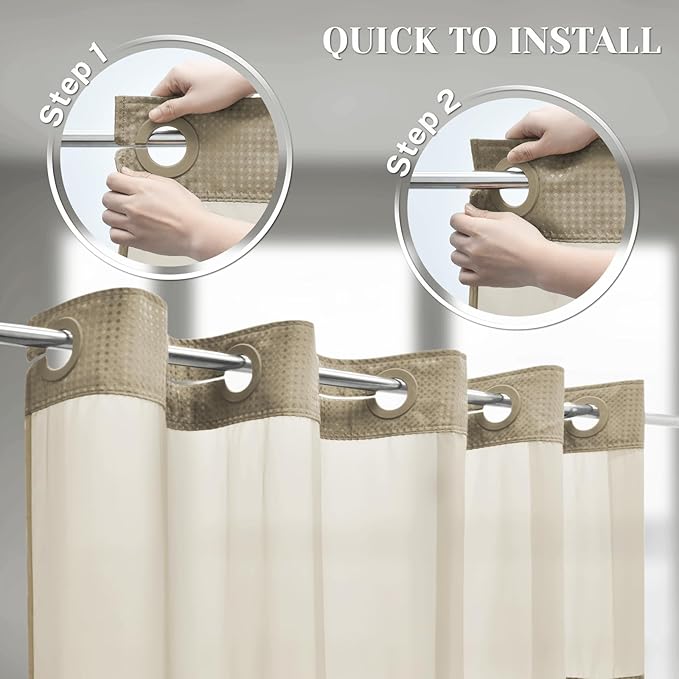 No Hook Shower Curtain with Snap in Liner Set Waffle Shower Curtain for Bathroom Hotel Style Fabric Waterproof Inner Liner，71" W x 74" H, Beige