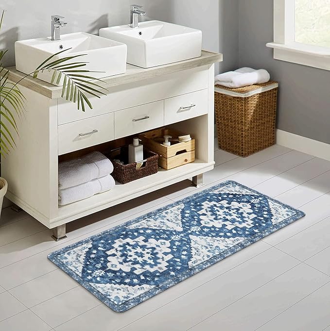 Uphome Boho Retro Bathroom Rug Runner Blue Non-Slip Soft Bath Mat Oriental Tribal Machine Washable Bath Rug Traditional Farmhouse Floral Long Rug for Shower Sink Entrance, 18x47 inch