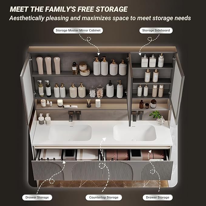 Double Bathroom Vanity with Sink, 100IN Floating Bathroom Vanity Set with Smart Defogging Mirror Cabinet and Open Shelf, Oak Wood Bathroom Cabinet with Two Drawers and Bottom Open Storage (Grey)