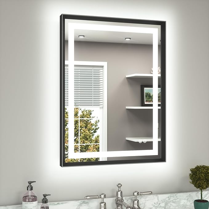 TETOTE 24 x 32 Bathroom LED Mirror Brushed Black Metal Frame Frontlit & Backlit Vanity Mirror Anti-Fog Stepless Dimmable 3 Colors White/Warm/Natural Mirror with Lights Wall-Mounted