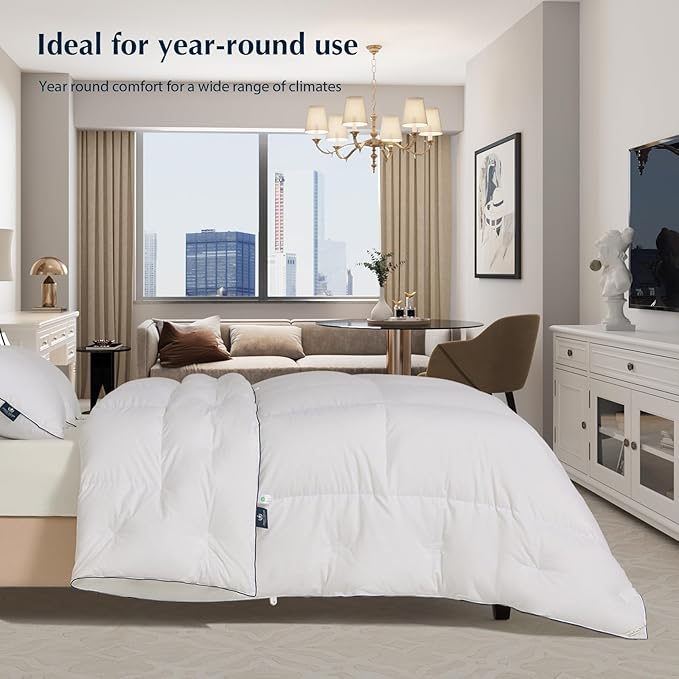 Pacific Coast Twin Comforter Filled with White Goose Down Bed Comforter, Fluffy All Season Luxury Hotel White Duvet Insert with 8 Loops, 60"x90"