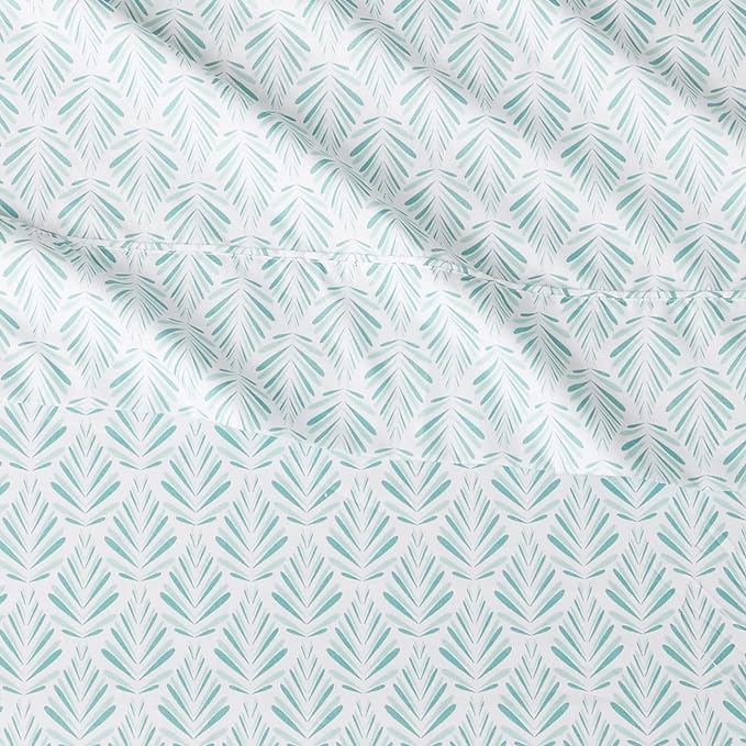Amazon Basics Lightweight Super Soft Easy Care Wrinkle Free Microfiber 3 Piece Bed Sheet Set with 14-Inch Deep Pockets, Twin, Aqua Fern, Floral, Kids, Men & Women Bedding (Pack of 4)