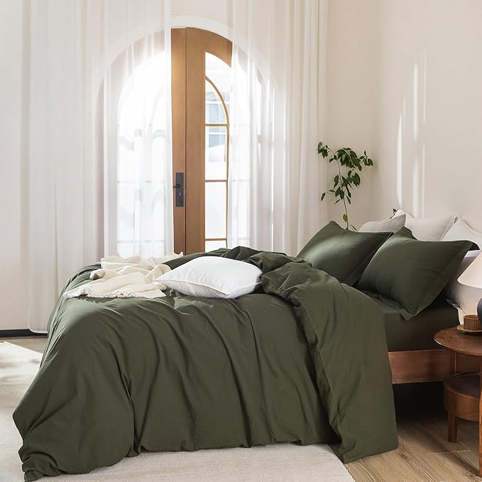 Olive Green Duvet Cover King Size, 100% Washed Cotton Bedding Set Cover 1 Duvet Cover 104inch x 90inch with Zipper Closure and 2 Pillowcases, Olive Green