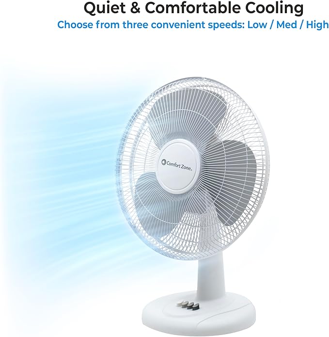Comfort Zone 12 inch Table Fan with Adjustable Tilt, Wide Area Oscillation, Quiet Air Circulator Fan For Bedroom, 3 Speed Desktop Fan for Home Office, Push Button Controls, White