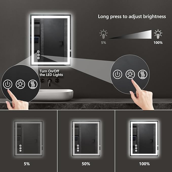 APRILSOUL 20x28 Inch LED Bathroom Mirror with Front and Backlit, Makeup Mirror with 3 Color Lights, Memory Function, Anti-Fog and Dimmable Light (Horizontal/Vertical)