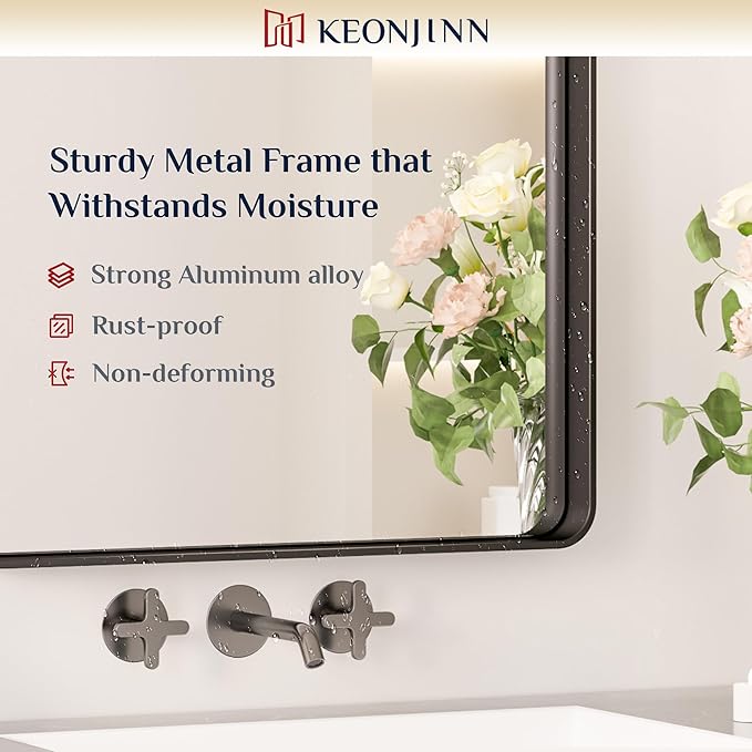 Keonjinn Black Bathroom Mirror for Over Sink, 32 x 36 Inch Rounded Rectangle Bathroom Vanity Mirrors, Matte Black Farmhouse Wall Mirror, Shatterproof HD Tempered Glass, Seamless Aluminum Alloy Frame