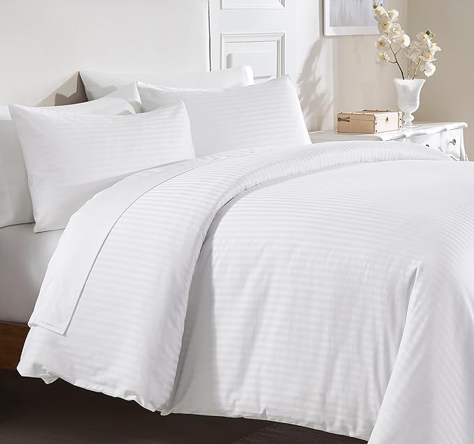 California Design Den Stripe Duvet Cover Queen Size, 400 Thread Count Sateen 100% Cotton Comforter Cover, 2 Pillow Shams, 3-Pc Bedding Set, Button Closure, Corner Ties (White Stripes, Full/Queen)