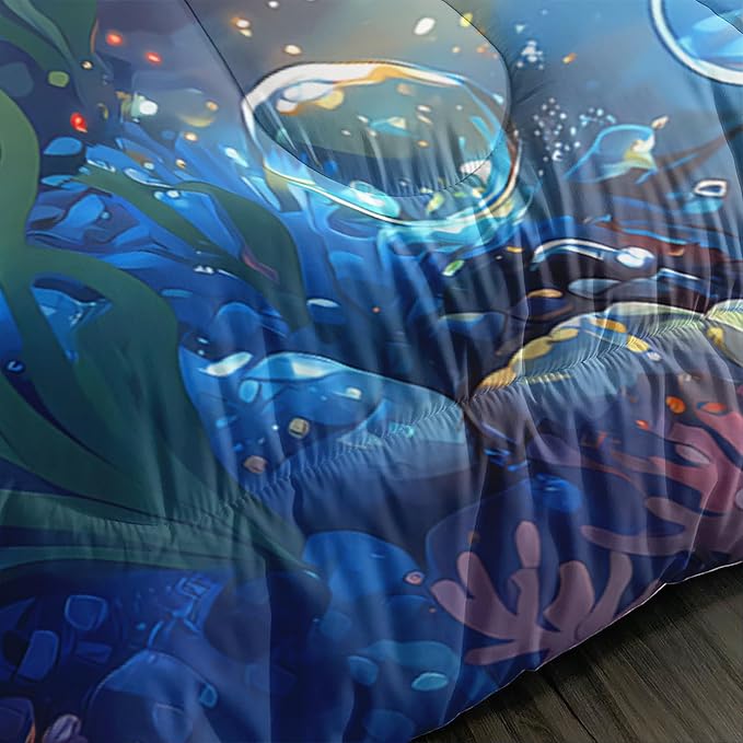 Black Little Mermaid Pattern King Comforter Set,Underwater World Ocean Themed Bedding Sets for Kids Toddlers Girls Boys Room Decor,Princess Bedding with 2 Pillowcases.