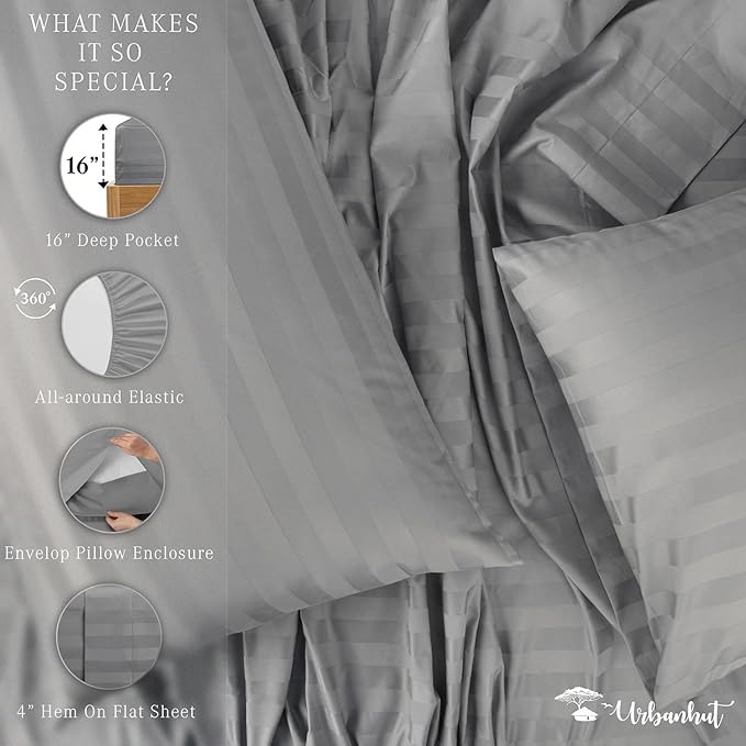 URBANHUT 1000 Thread Count Egyptian Cotton Sheets Damask Striped California King Size, Long Staple Soft & Breathable, 4 Pc Bed Sheet Sets, Luxury Hotel Sateen Sheets Fits 16" Deep Pocket - Dark Grey