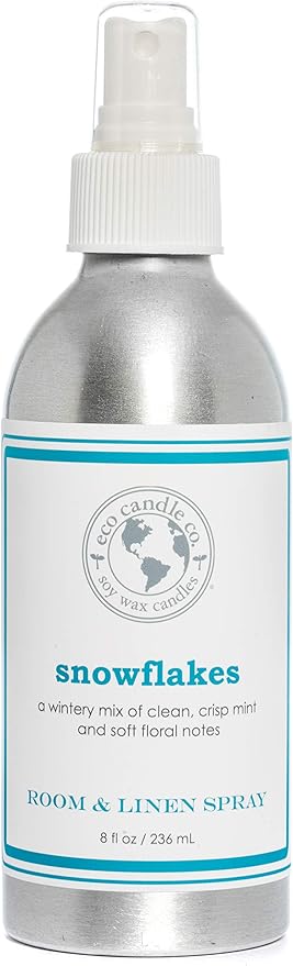 ECO CANDLE CO. Room & Linen Spray, Snowflakes, 8 oz. - Scents Of Winter, Flowers, & Mint - Recycled Aluminum Bottle, No Propellents, Pump Top, All Natural Ingredients