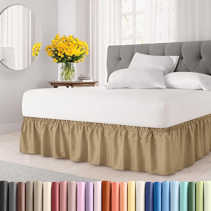 Wrap Around Dust Ruffle Bed Skirt - Beige - for Twin Size Beds w/ 16 Inch Drop - Easy Fit Elastic Strap - Adjustable Pleated Bedskirt w/Brushed Fabric, Wrinkle & Fade Free Women, Men, Kids & Teens
