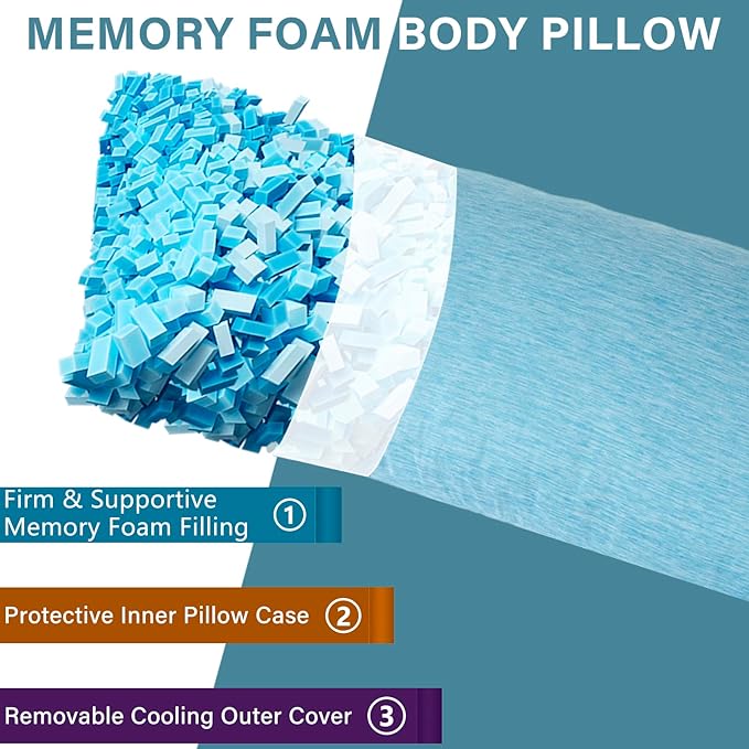 Body Pillow, Cooling Memory Foam Body Pillows for Adults Sleeping, Long Pillow for Bed, Big Large Firm Full Body Pillow for Side Sleeper, 20x54 Inch, Cooling Blue