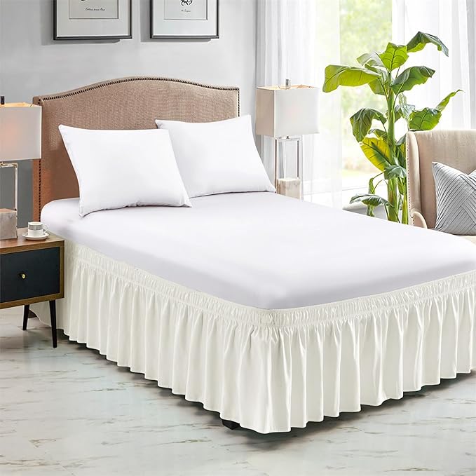 FreshCulture Queen Bed Skirt, Elastic Wrap Around Bed Skirt Queen Size, Bed Skirts for Adjustable Bed, Easy Fit with 18 Inch Drop Length, Hotel Quality Dust Ruffle for Queen Bed (Ivory)