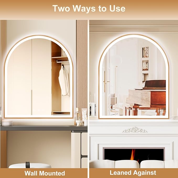 Arched LED Mirror for Bathroom 30"x36", Orange Gold LED Bathroom Mirror with Lights-Fogless, Dimmable, 3 Color Changing, Shatterproof, Touch Sensor