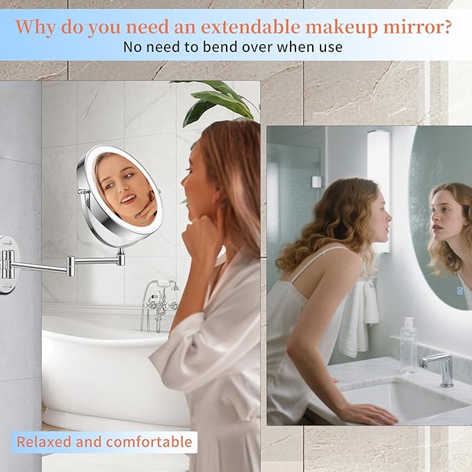 FUNTOUCH 9" 30X/1X Magnifying Wall Mounted Makeup Mirror, 4500mAh Rechargeable Double Sided Mirror with Light, 3 Color Lights,Touch Dimmable, 360 Rotation Extended Arm for Bathroom,Chrome