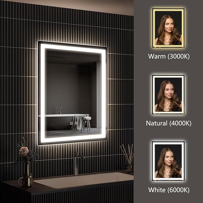APRILSOUL 24x30 Inch LED Bathroom Mirror with Front and Backlit, Makeup Mirror with 3 Color Lights, Memory Function, Anti-Fog and Dimmable Light (Horizontal)