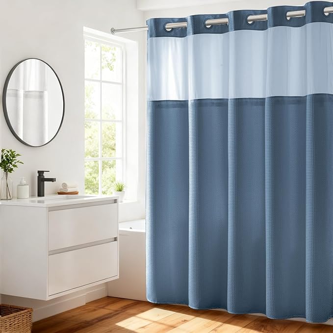 River Dream Blue Shower Curtain No Hooks Required Dotted Waffle Weave Shower Curtain with Snap in Liner - 71W x 74H,Hotel Grade,Spa Like Bath Curtain,Moonlight Blue