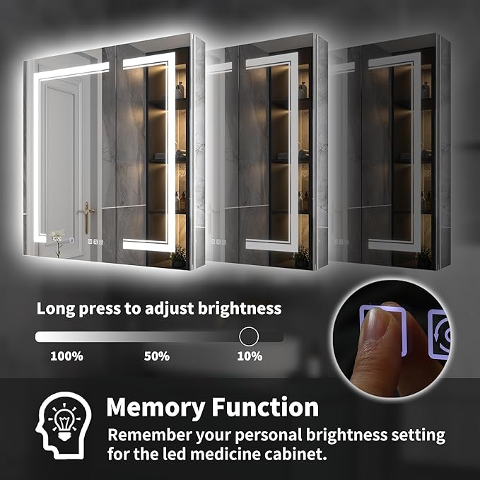 36"x32"Lighted Medicine Cabinet with Mirror，Recessed or Surface Mount LED Medicine Cabinet, Front&Backlit, Clock Temp Display, Anti-Fog, Stepless Dimming, 3-Color Temperatures, Adjustable Shelves