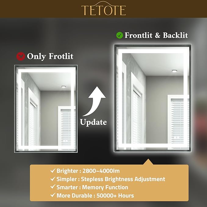 TETOTE 30 x 36 Bathroom LED Mirror Brushed Gunmetal Gray Frame Frontlit & Backlit Vanity Mirror Anti-Fog Stepless Dimmable 3 Colors White/Warm/Natural Wall-Mounted