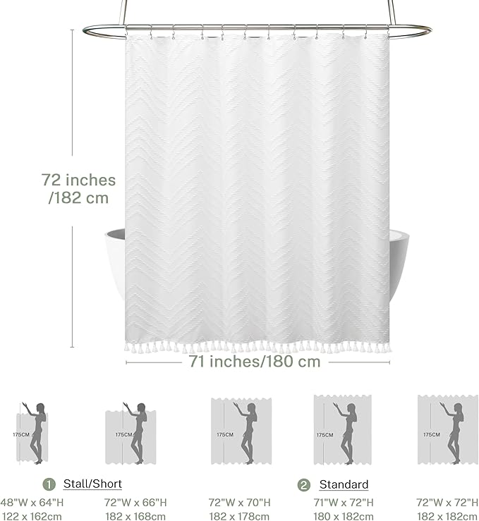 Boho Shower Curtain White Tassel Woven Fabric Shower Curtain 71 x 72 Modern Farmhouse Textured Tufted Chevron Striped Minimalist Bathroom Shower Curtains