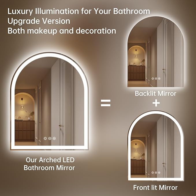 Arched LED Mirror for Bathroom 24"x30"- Frameless Lighted Bathroom Mirror with Lights, Fogless, Dimmable, 3 Color Changing, Shatterproof, Touch Sensor