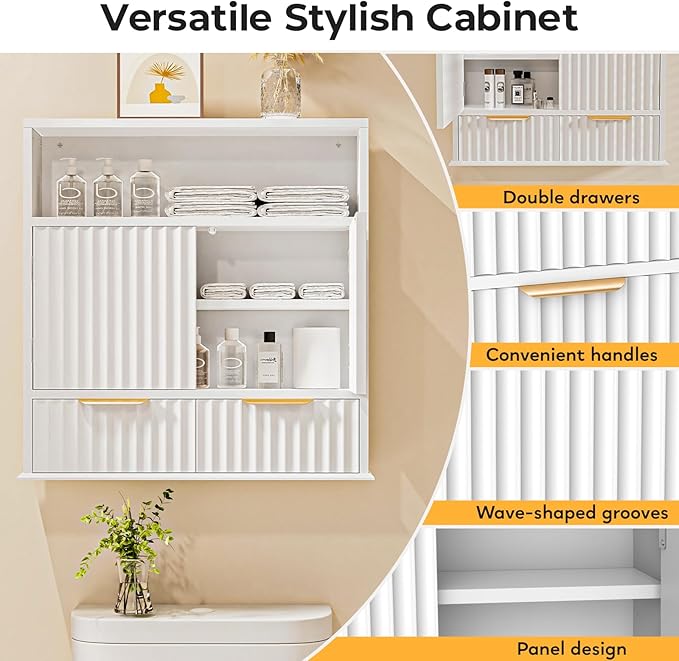 Bathroom Wall Cabinet, Wall Mounted Medicine Cabinet with Drawers, Modern Farmhouse Storage Cabinet with with Adjustable Wood Shelf & Doors for Bathroom, Kitchen, Laundry Room (White)