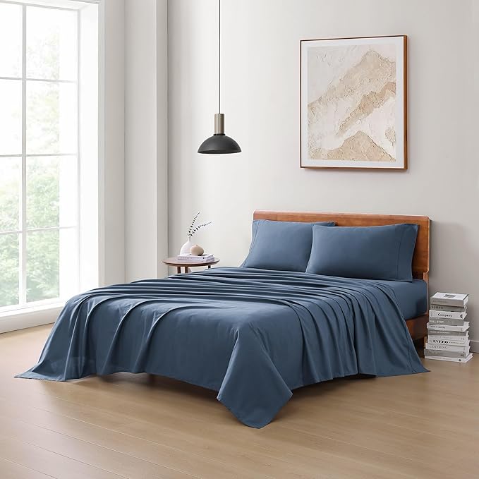 LANE LINEN Eco Friendly 100% Organic Cotton Fully Elasticized Full Sheet Set, Low Pilling Fade Resistant Machine Washable Naturally Cooling Full Bed Sheets, Soft & Comfy Cotton Bedding- Navy