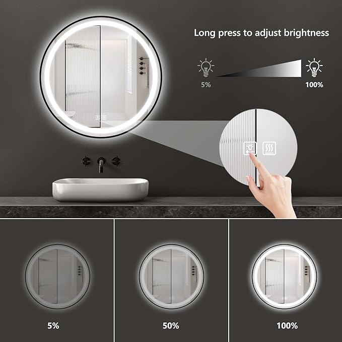 APRILSOUL 28 Inch Round Aluminum Framed LED Bathroom Mirror with Lights, Makeup Mirror with Front and Backlit, Anti-Fog, 3 Colors and Dimmable Light