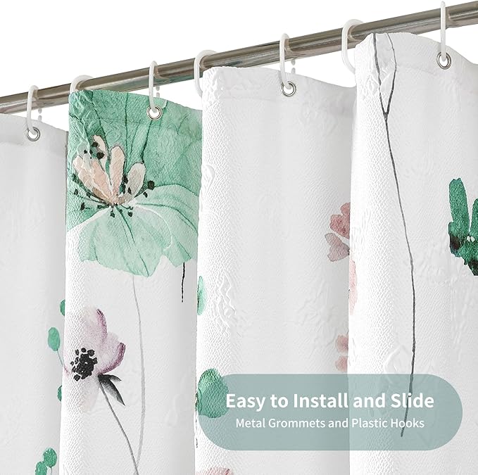 QiyI Long Shower Curtain 72 x 78, Modern Watercolor Floral Bath Curtain, 3D Embossed Sage Green Flower Cloth Bathroom Curtain, Waterproof Fabric Rustic Farmhouse Shower Curtain Set with Hooks