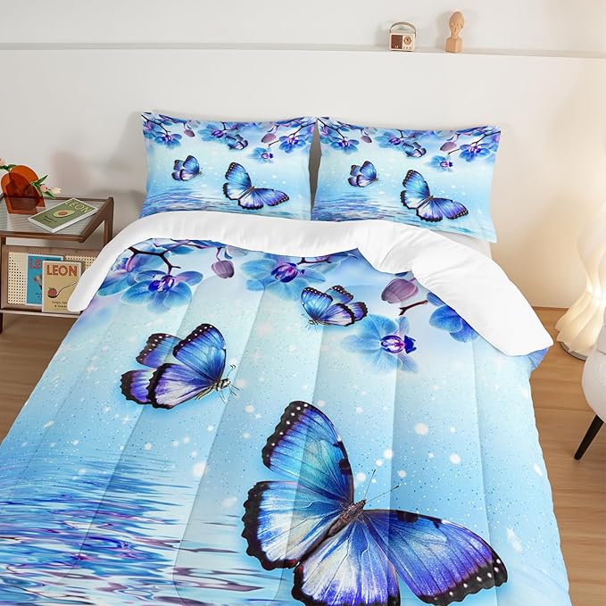 Fantasy Blue Themed Aesthetic Bedding Twin Comforter Set,Butterflies on Water with Falling Flowers Comforter Sets for Kids Girls Boys,Pretty Butterfly Pattern Bedding Sets with 2 Pillowcases.