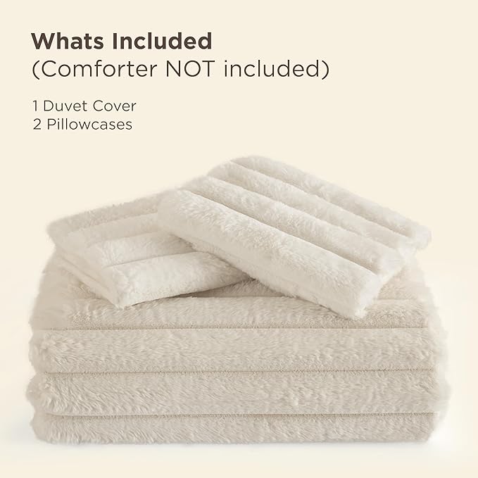 Bedsure Faux Fur Duvet Cover Queen Size - Beige Fluffy Duvet Cover Set, Soft and Cozy Shaggy Bedding Comforter Cover, Winter Warm Luxury Fuzzy Bed Set 3 Pieces, 1 Queen Duvet Cover and 2 Pillowcases
