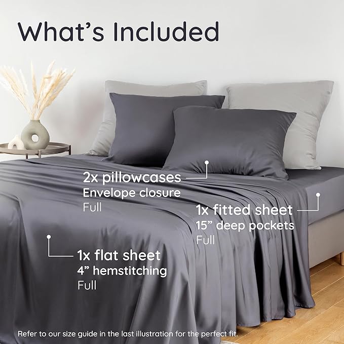 Bambaw 100% Viscose Derived from Bamboo Sheet Set Full Size – 4pcs Cooling Sheets for Hot Sleepers, with Elastic Corner Straps, Soft Bedding Set, Luxury Sheets Full Size (Charcoal)