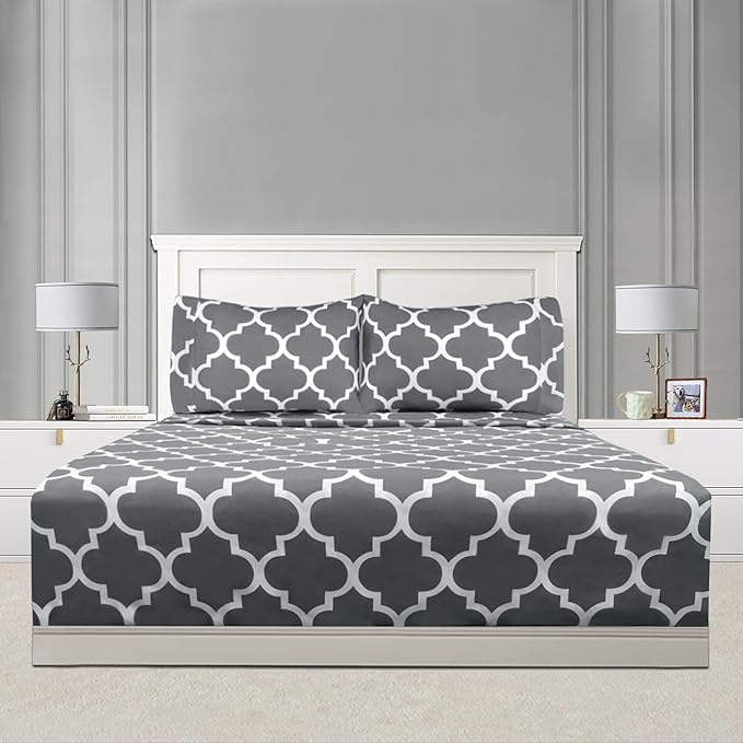 Mejoroom King Bed Sheet Set - Super Soft Brushed Microfiber 1800 Thread Count Sheets with 15 inch Deep Pocket - Wrinkle Free - 4 Piece (King, Grey Quatrefoil with White Pattern)