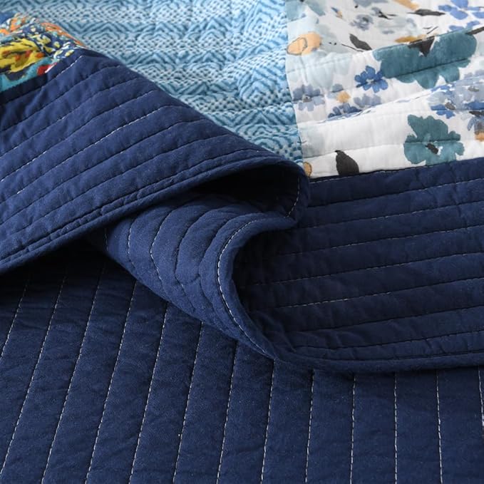 Autumn Dream Cotton Bedspread Quilt Sets Reversible Bedding Coverlet Sets, Luxury Vintage Paisley Floral Patchwork Blue Bedspread, King Size