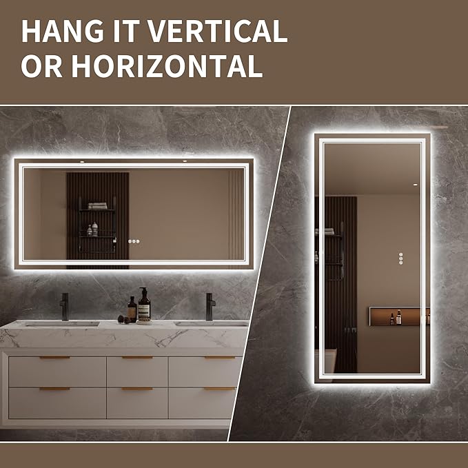 Bathroom Mirror with Lights 28"X60" with Front Light and Backlit, Tempered Glass, Wall Mount Horizontal/Vertical, Stepless Dimmable, 3 Colors, Anti Fog, Bathroom Memory LED Mirror