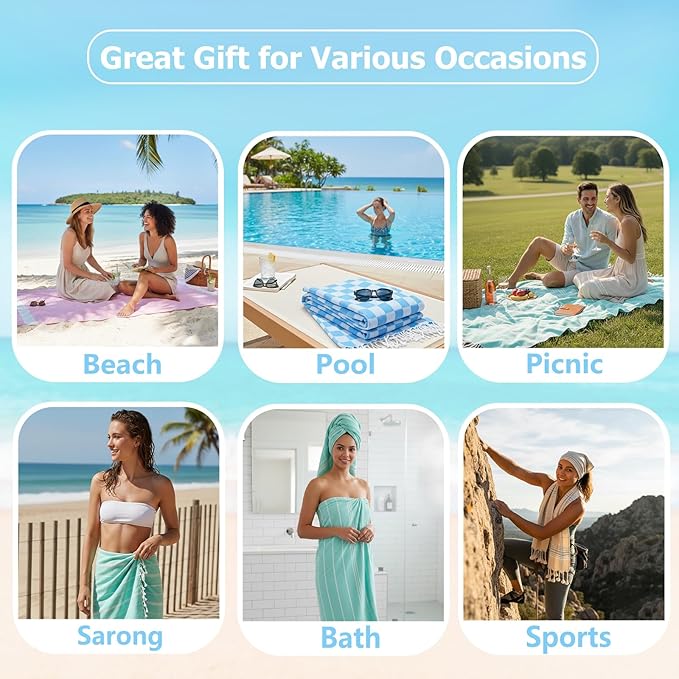 6 Pack Cotton Turkish Beach Towel Lightweight Thin Travel Vacation Essentials Oversized XL Towels Set for Pool Swim Bath Camping Cruise Accessories Absorbent Quick Dry Sand Proof Bulk clearance