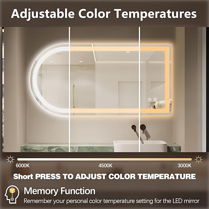 Niccy Arched LED Mirror for Bathroom, 48x24 Vanity Mirror with Light Frameless Bathroom Mirror, Smart Lighted Frontlit Mirrors with Memory Function for Bathroom Bedroom Beauty Hair Salon