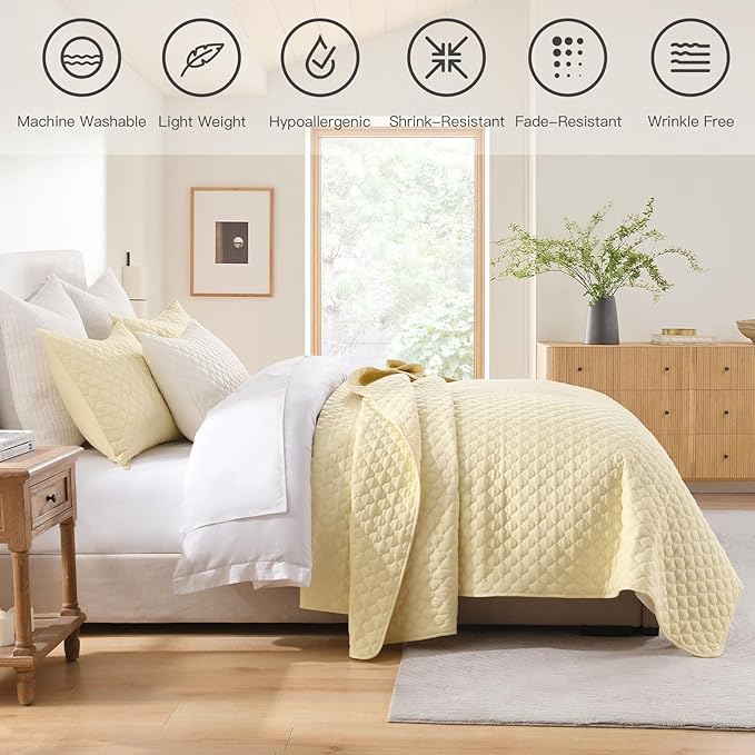 HORIMOTE HOME Quilt Queen Size Light Yellow, Lightweight Quilt for Summer Ultra-Soft Microfiber Modern Style Quilted Clouds Pattern Bedspread Quit Set 3 Pieces(1 Quilt and 2 Pillow Shams)