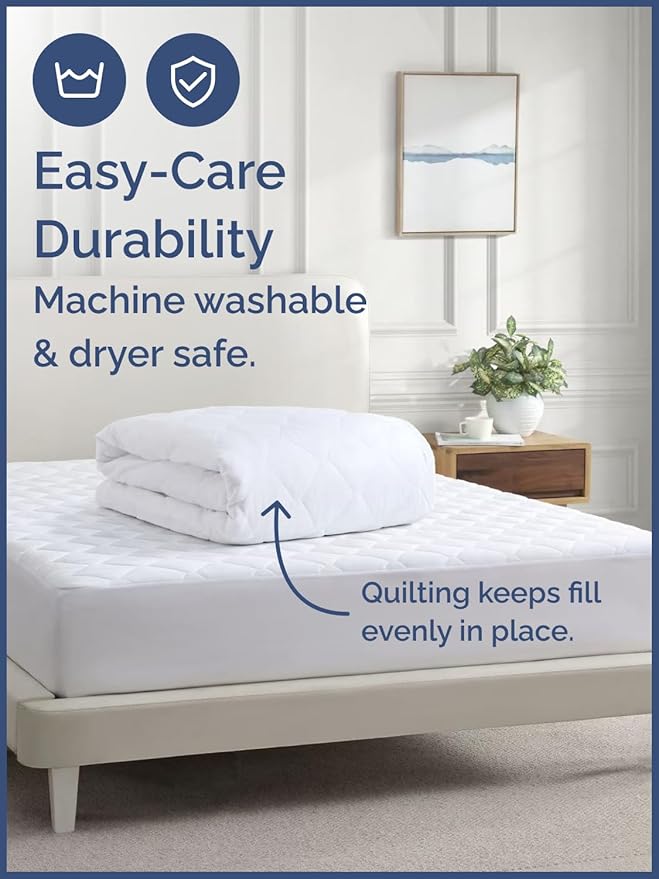 Quilted Fitted Mattress Pad Cal King Size - Elastic Fitted Mattress Topper Protector & Cover - Breathable, Soft, Low Profile Top Cover with 8-16 Inch Deep Pockets - Easy-Fit & Machine Washable - White
