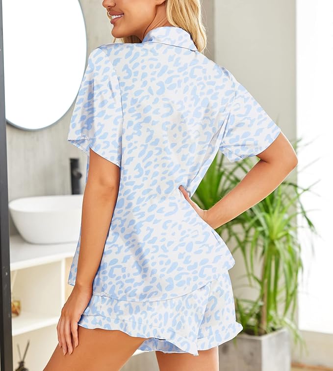 HOTOUCH Womens Satin Pajamas Set Button Down 2 Piece Silk Pjs Shorts Set Ruffle Lingerie Notch Collar Sleepwear
